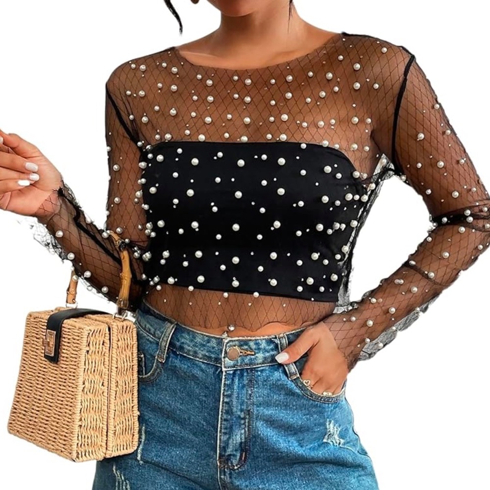 Black sheer mesh top with pearl details